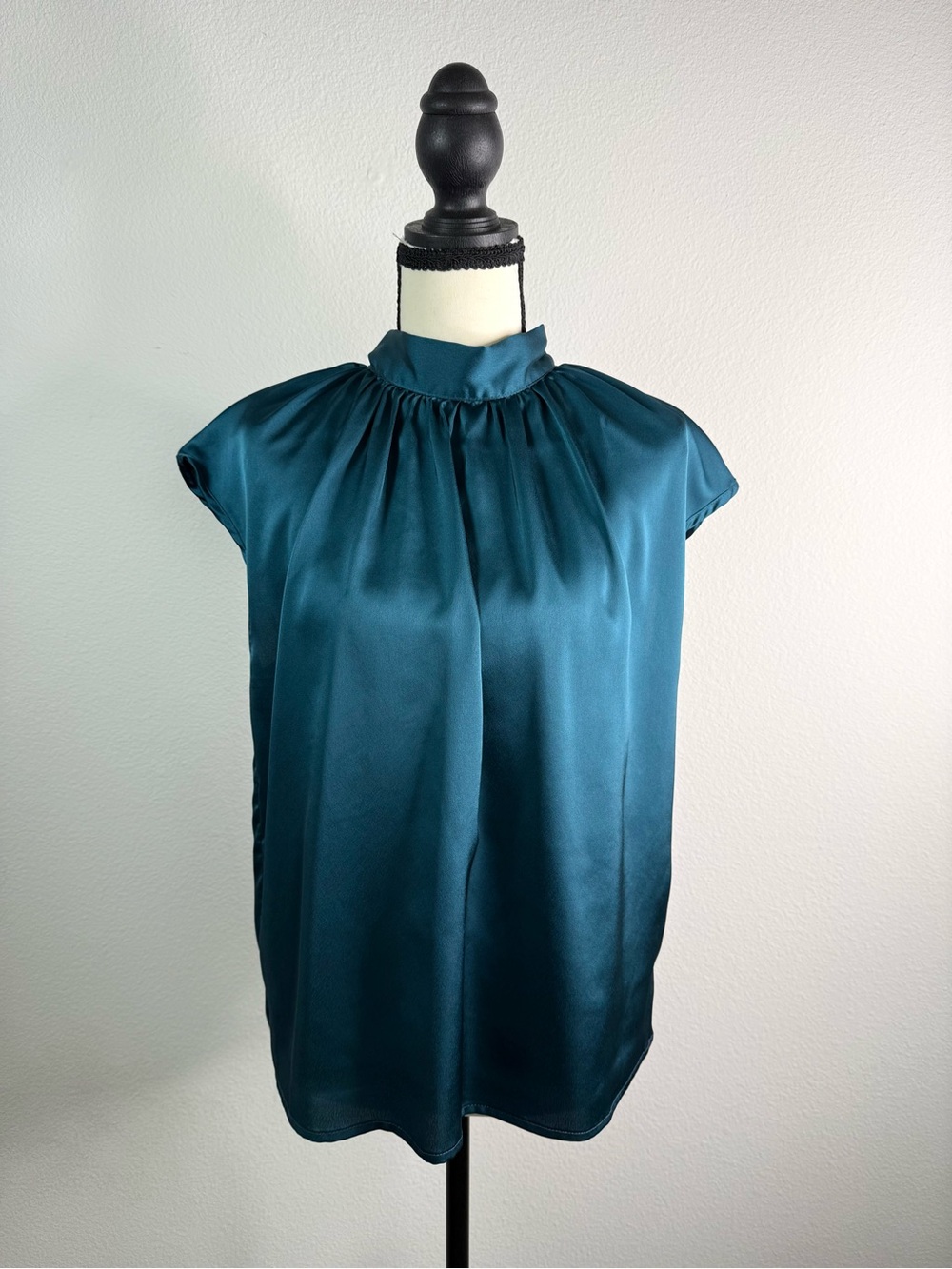 SHEIN Teal Satin Gathered Mock Neck Cap Sleeve Top